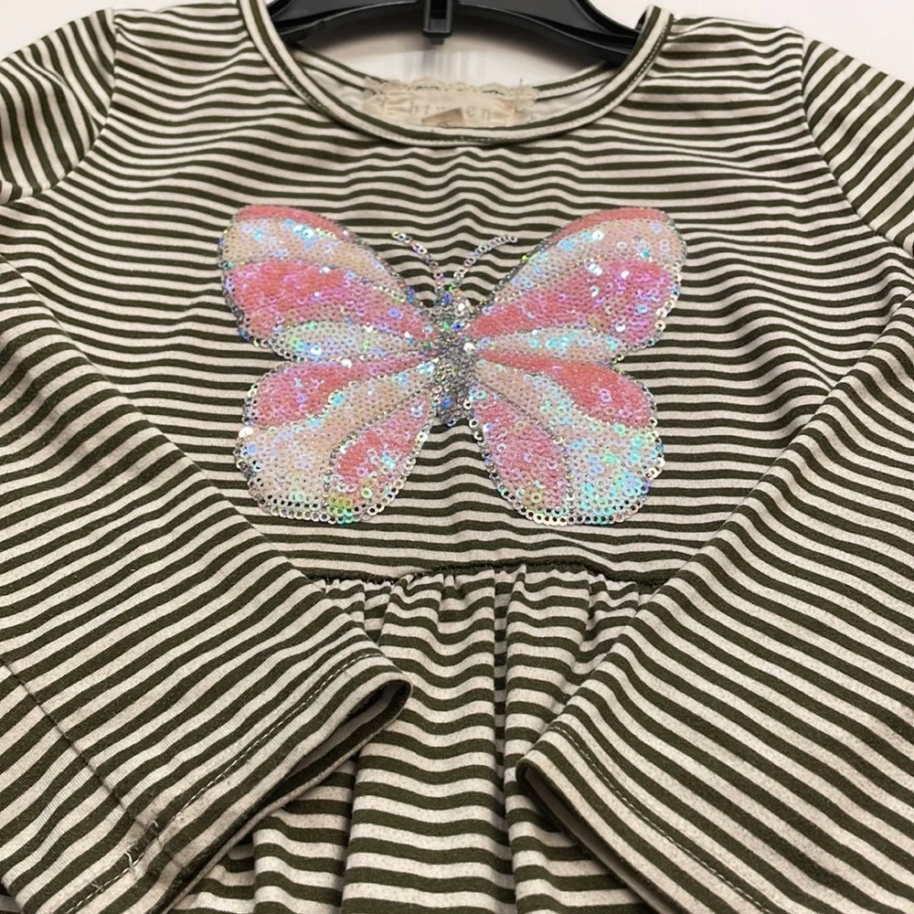 BTWEEN girl TODDLERS dress striped with SEQUINS pink butterfly 4T poly spandex.